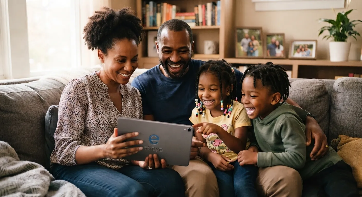 Des parents et leurs deux enfants regardent l’application edaya sur une tablette, installés sur le canapé du salon.
